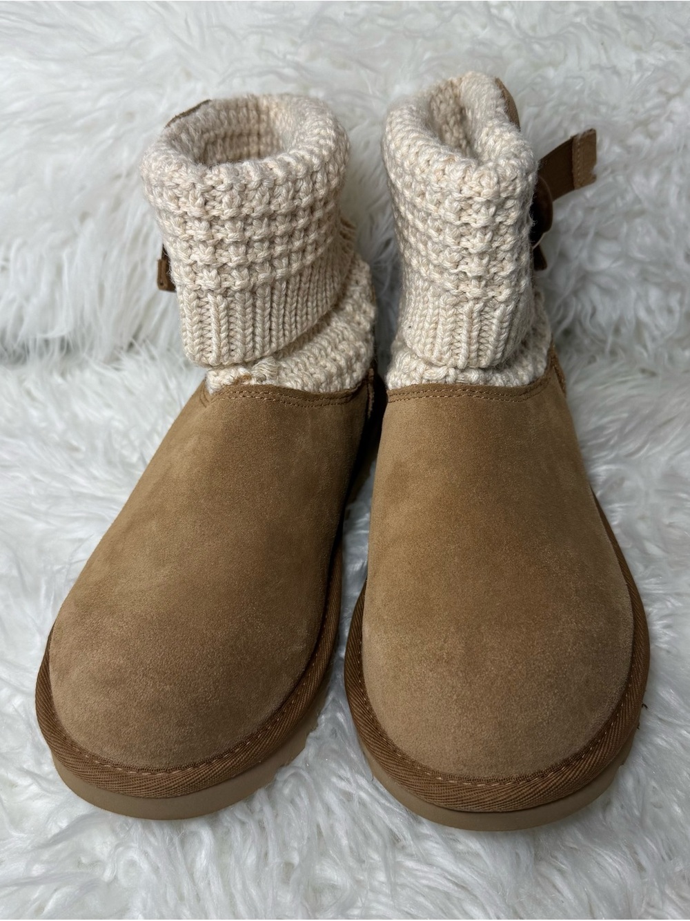 UGG Chestnut Suede Ankle Booties with Cream Knit Cuffs
